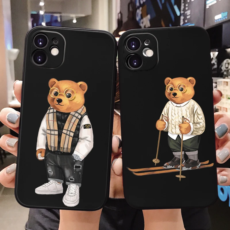 

Cute Bear Fashion Brand Case For iPhone 11 12 13 14 Pro XS Max XR X 7 7Plus 8 8Plus SE 2020 12Mini Black Soft Silicone Case