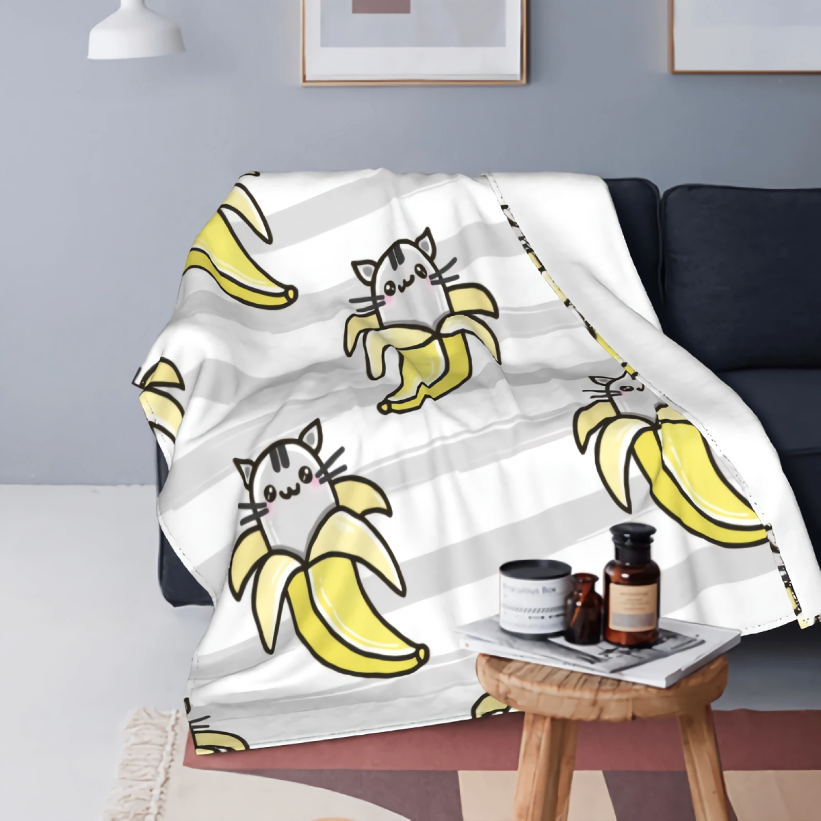 Cute Cats In Bananas Throw Blanket Grey Stripe Background Ultra Soft Flannel Blanket Bedding for All Season 
Cute Cats In Bananas Throw Blanket Grey Stripe Background Ultra Soft Flannel Blanket Bedding for All Season