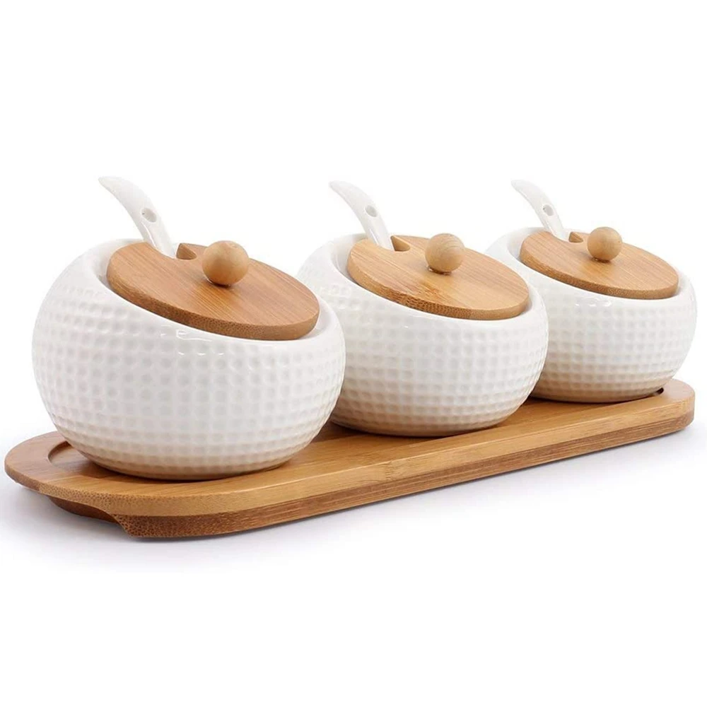 

Porcelain Condiment Jar Spice Container with Lids - Bamboo Cap Holder, Ceramic Serving Spoon, Wooden Tray