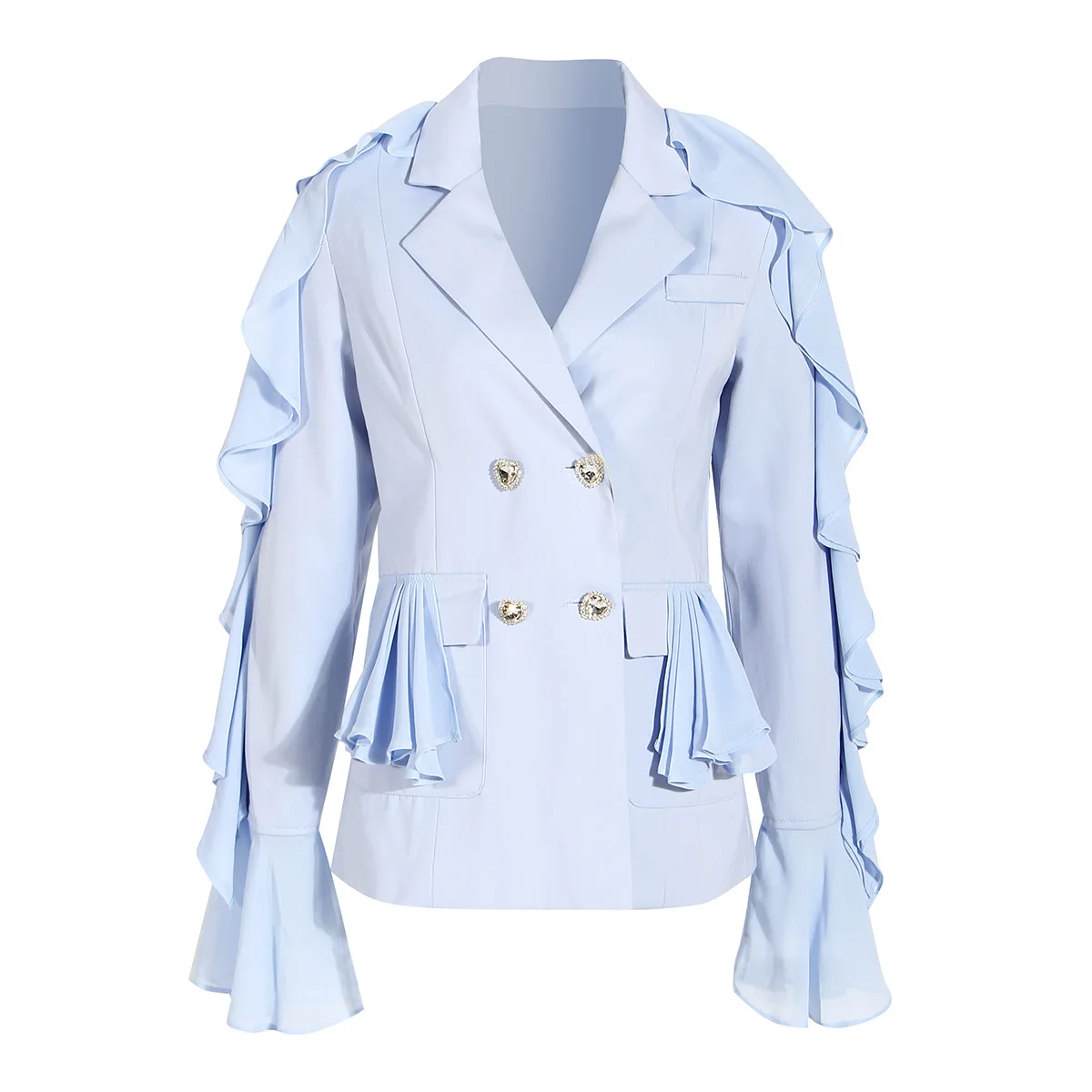 SuperAen 2022 New Design Ruffled Wavy Sleeves Blue Luxury Diamond Buckle Streetwear Casual Suit Coat Woman Jacket 
SuperAen 2022 New Design Ruffled Wavy Sleeves Blue Luxury Diamond Buckle Streetwear Casual Suit Coat Woman Jacket