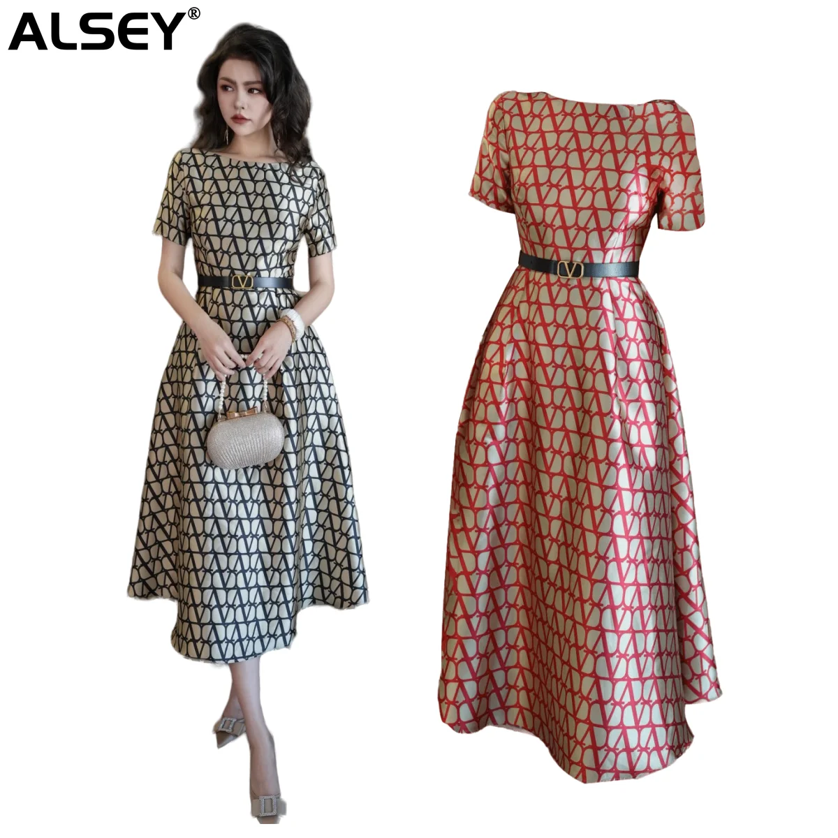 

ALSEY High-quality Exquisite Fashion Skirt Short-sleeved 2023 Summer High-end Temperament Waist One Collar Women Sexy Dresses