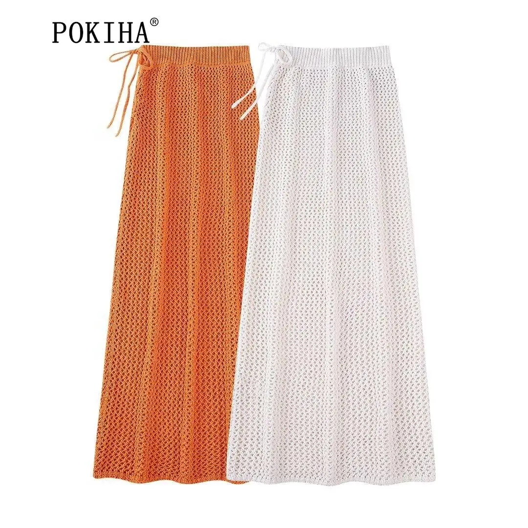 

Pokiha 2023 модная женская однотонная трикотажная юбка средней длины с завышенной эластичной талией, облегающая Повседневная шикарная Женская трапециевидная юбка для женщин
