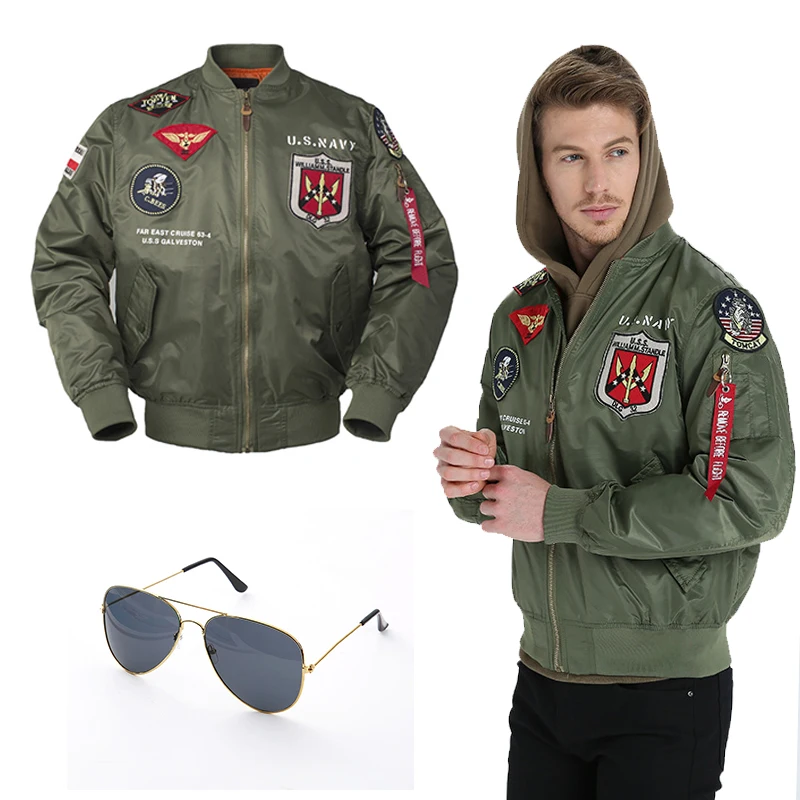 Хэллоуин Мужской Топ Пистолет Косплей куртка Maverick пилот Косплей Костюм пилот вышитые куртки ветровка бесплатные очки 
Хэллоуин Мужской Топ Пистолет Косплей куртка Maverick пилот Косплей Костюм пилот вышитые куртки ветровка бесплатные очки