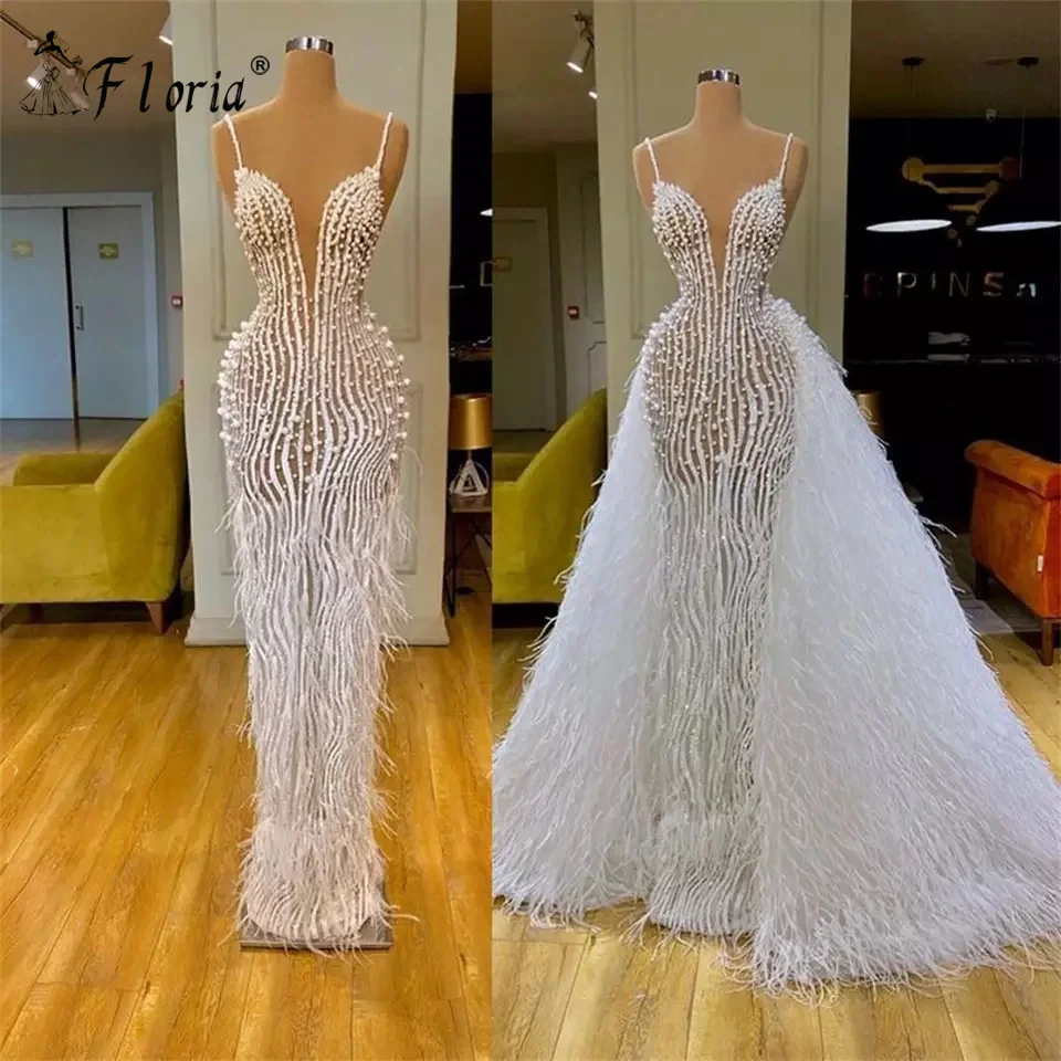 Elegant Full Pearls Mermaid Evening Dress White Spaghetti Strap Feathers Floor Length See Through Prom Dress Robe De Soiree
Elegant Full Pearls Mermaid Evening Dress White Spaghetti Strap Feathers Floor Length See Through Prom Dress Robe De Soiree