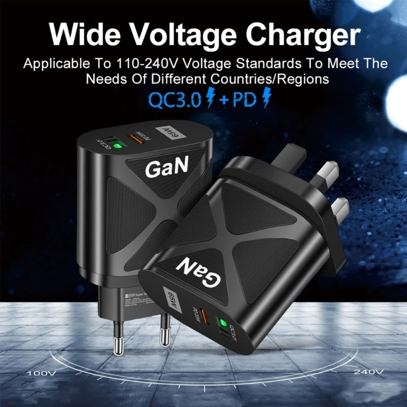 

65W GaN Fast Charge Adapter Type C USB PD Quick Charging Plug AC100-240V 50-60Hz 0.5A Dual Ports Charger Block