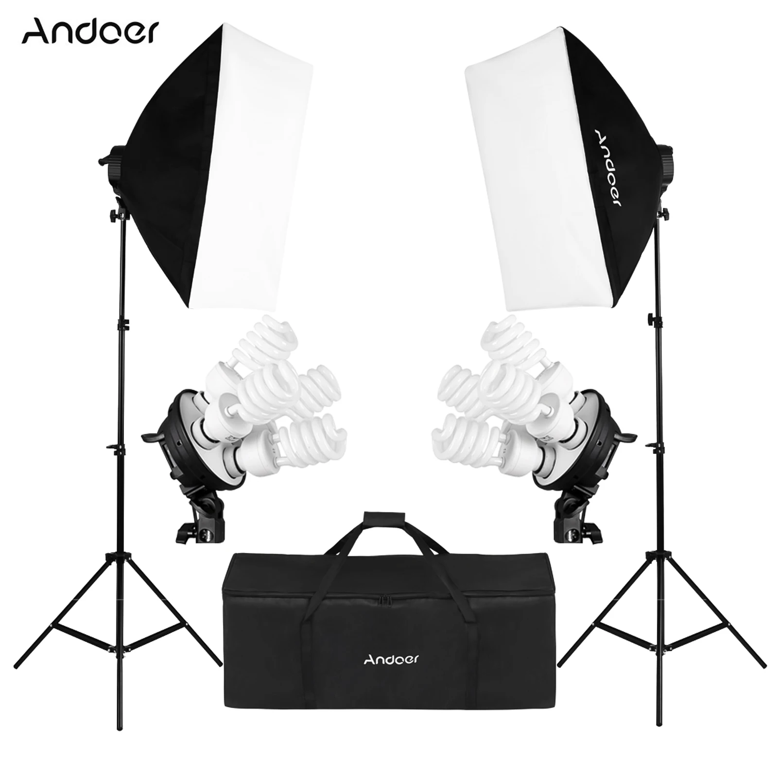 CZ Andoer Studio Photo Lighting Kit with 2 * Softbox / 2 * 4in1 Bulb Socket / 8 * 45W Bulb / 2 * Light Stand / 1 * Carrying Bag
CZ Andoer Studio Photo Lighting Kit with 2 * Softbox / 2 * 4in1 Bulb Socket / 8 * 45W Bulb / 2 * Light Stand / 1 * Carrying Bag