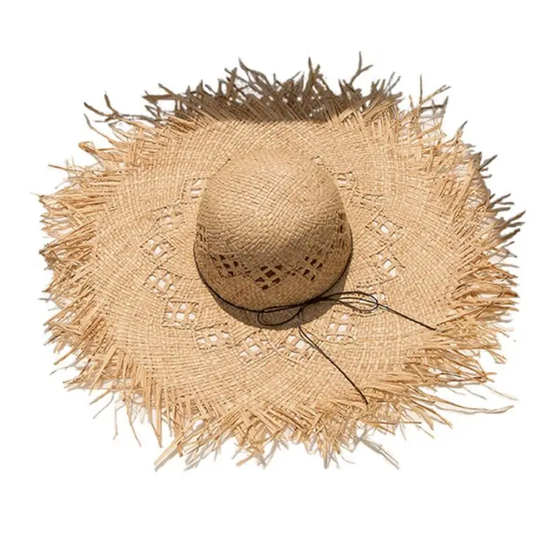 

Women Woven Raffia Straw Sun Hat Big Wide Brim Floppy Fringe Tassels Sunscreen Hollow Out Circle Bucket Panama Beach Cap