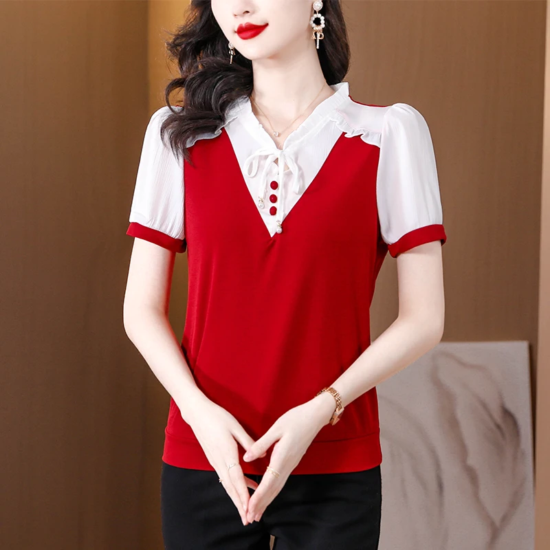Блузка женская с коротким рукавом, модная офисная рубашка в Корейском стиле, красный облегающий Топ, на лето