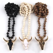 Fashion Bohemian Jewelry Long Knotted Stone Beads 3 Color Horn Pendant Necklace For Women Ethnic Necklace