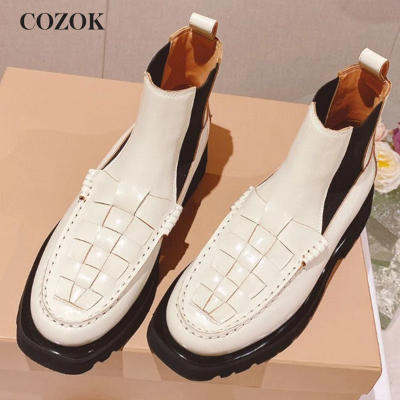 Ботинки Челси женские из натуральной кожи, универсальные эластичные короткие туфли, с квадратным носком, на толстой подошве, на осень и зиму 
Ботинки Челси женские из натуральной кожи, универсальные эластичные короткие туфли, с квадратным носком, на толстой подошве, на осень и зиму