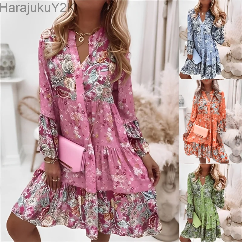 Women Floral Print Dress Oversize Elegant Pleated Long Sleeve Casual Dresses Female V Neck Loose Bohemian Beach Holiday Dresses 
Women Floral Print Dress Oversize Elegant Pleated Long Sleeve Casual Dresses Female V Neck Loose Bohemian Beach Holiday Dresses