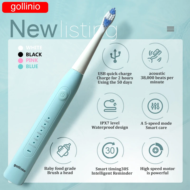 Grinio GL09A electric toothbrush 24hours delivery Usb charging replaceable brush head clean whitening teeth oral waterproof XP7
Grinio GL09A electric toothbrush 24hours delivery Usb charging replaceable brush head clean whitening teeth oral waterproof XP7