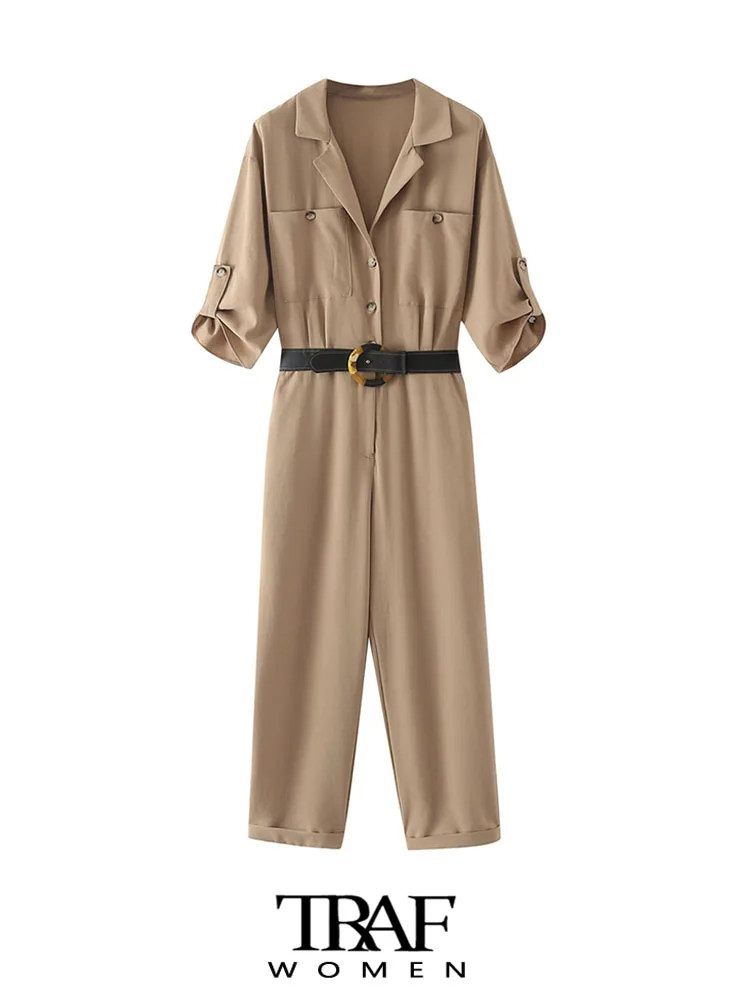 Женский комбинезон с поясом, боковыми карманами и коротким рукавом 
Женский комбинезон с поясом, боковыми карманами и коротким рукавом