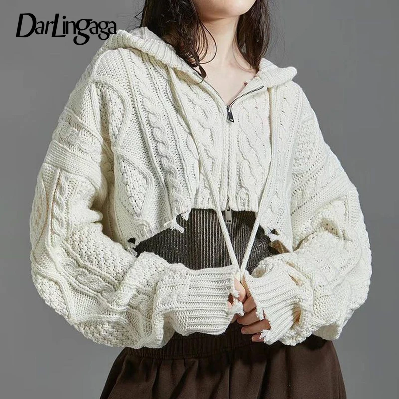 

Darlingaga Streetwear Twisted Autumn Cardigan Women Cropped Knitted Sweater Jacket Grunge Ripped Hooded Knitwears Coat Outerwear