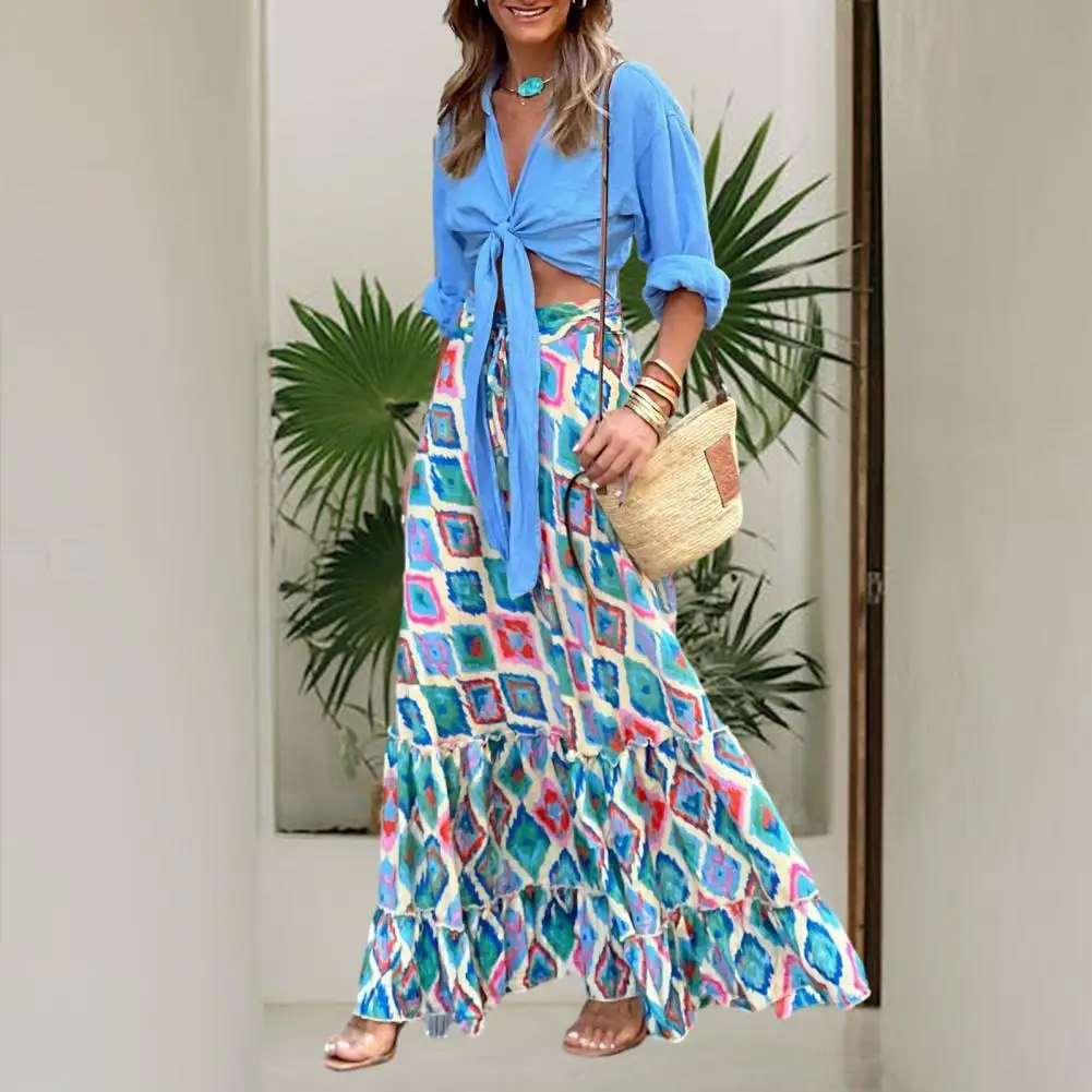 

High-waisted Maxi Skirt Bohemian Maxi Skirts Colorful Rhombus Print High Waist Big Hem with Ruffle Drawstring for Beach Summer