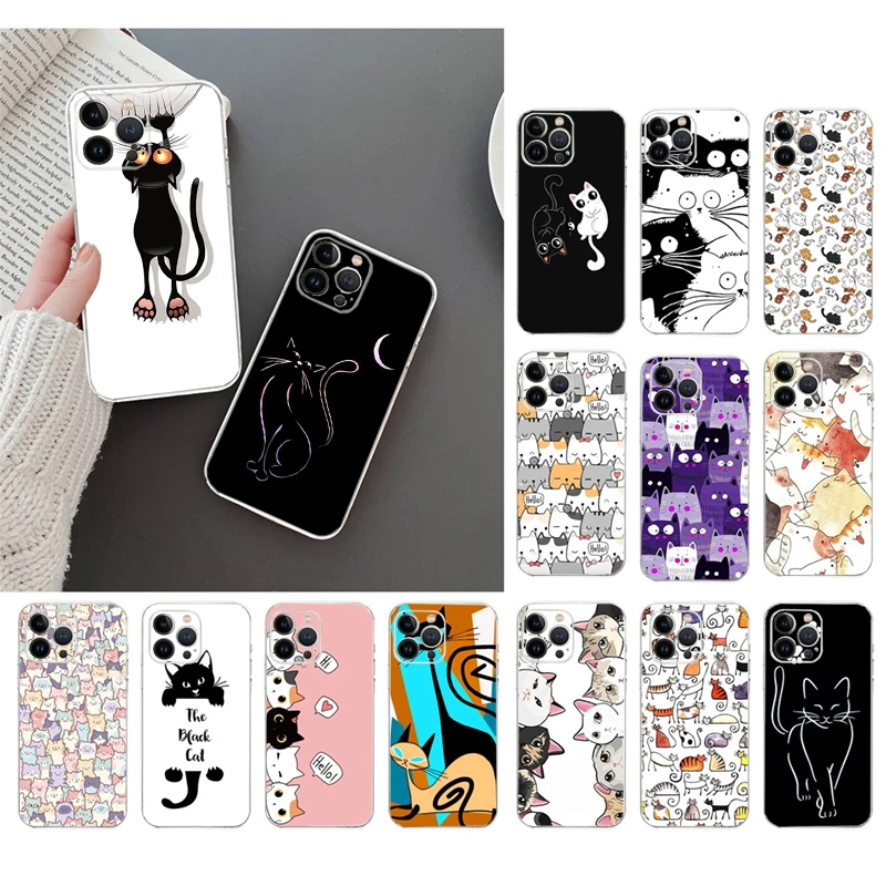 

Phone Case For iphone 14 Pro Max 13 12 11 Pro Max XS XR X 12mini 7 8 Plus SE Cartoon Black Cat Cats Case Funda