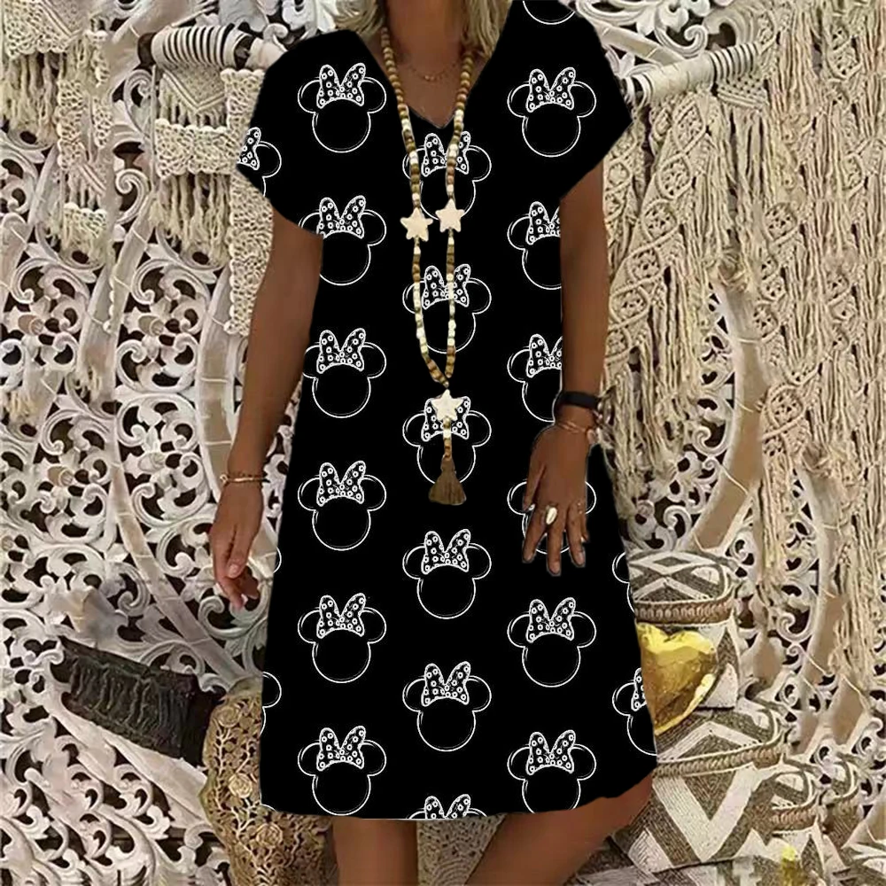 Women's Dress Summer V-Neck Fashion Casual Skirt Ladies Disney Minnie Mickey Mouse Short Sleeve Floral Print Knee-Length Dress
Women's Dress Summer V-Neck Fashion Casual Skirt Ladies Disney Minnie Mickey Mouse Short Sleeve Floral Print Knee-Length Dress