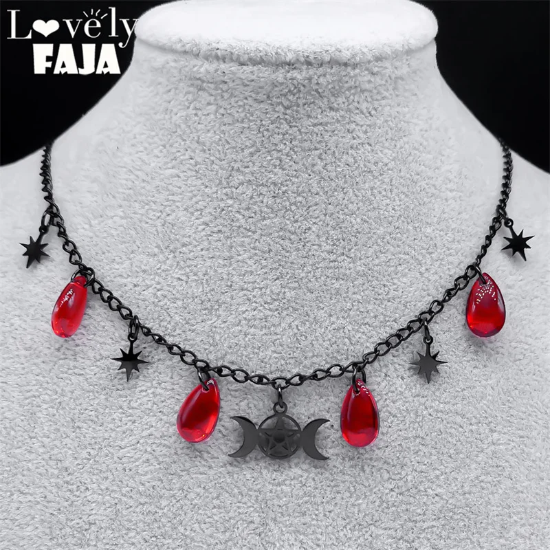 

Goth Wiccan Triple Crescent Moon Star Taseel Necklace Witch Pagan Mysterious Blood Drip Clavicle Chain Choker Necklaces Jewelry