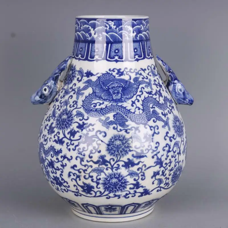 

Китайская сине-белая фарфоровая ваза Qing Qianlong с изображением дракона и оленя, 11,6 дюйма