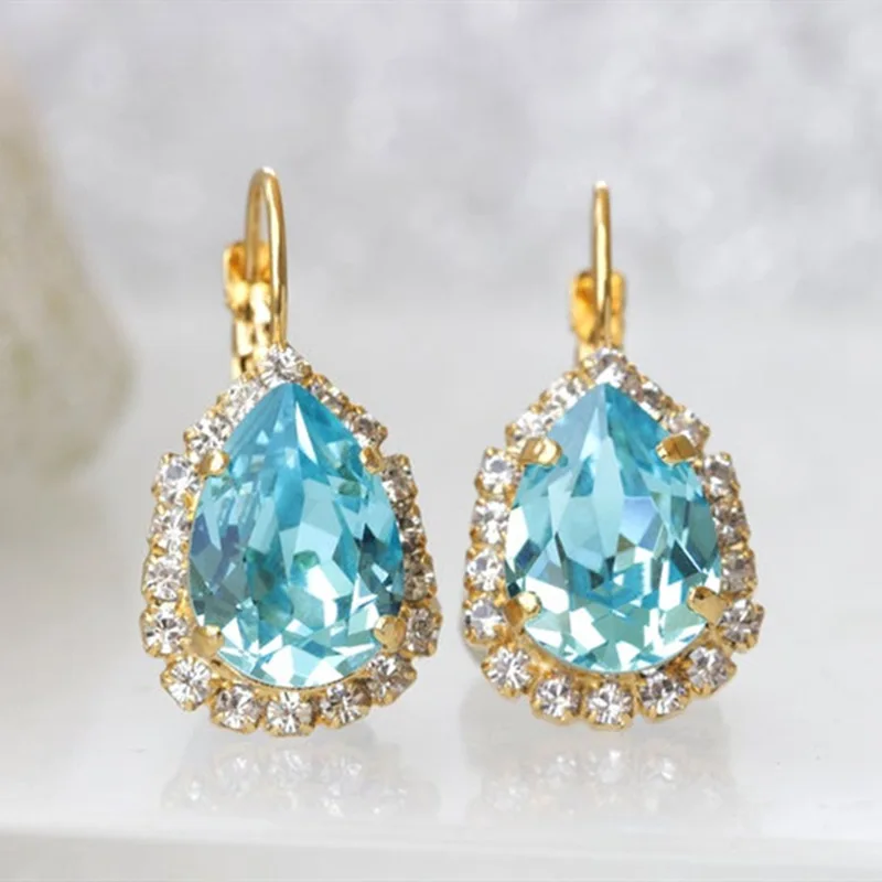 

Simple Light Blue Water Drop Gem Inlaid White Diamond Gold Pendant Dangle Earrings for Girl Fashion Jewelry Gift Hot