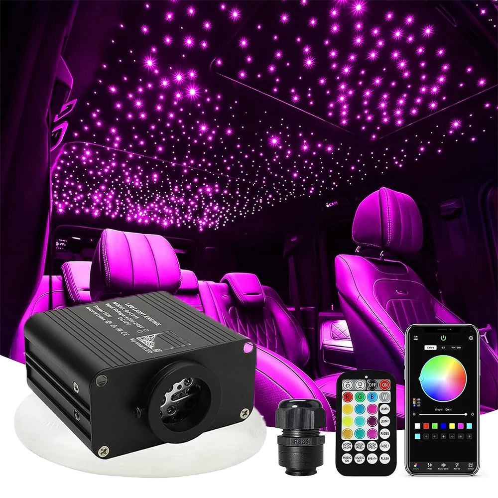 

Мерцающие потолочные светильники из оптического волокна RGBW, 16 Вт, в комплекте, умное приложение для управления звуком, фотодвигатель для автомобиля, звездное небо, оптоволоконные светильники