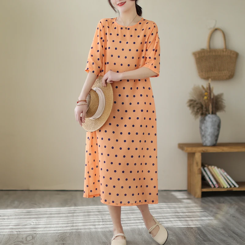 Spring Summer 2023 Short Sleeve Polka Dot Print O-Neck Dresses For Women Loose Casual Vintage Long Dress Fashion Elegant Clothes
Spring Summer 2023 Short Sleeve Polka Dot Print O-Neck Dresses For Women Loose Casual Vintage Long Dress Fashion Elegant Clothes