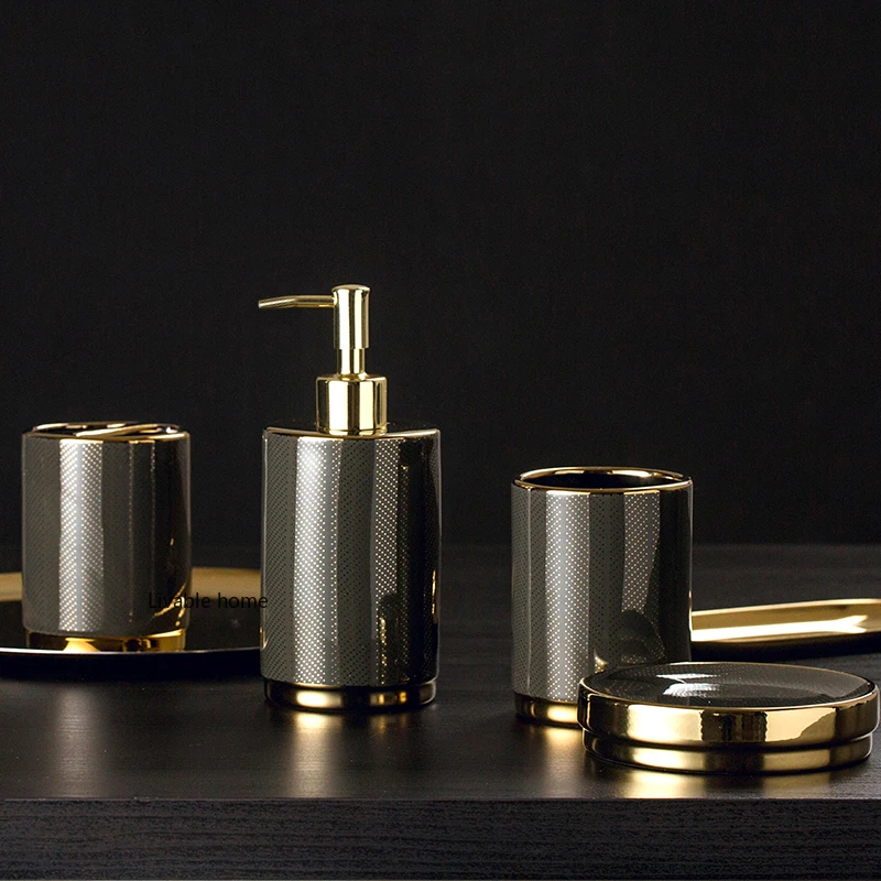 4 Pcs Bathroom Counter Black Gold Bathroom Accessory Sets Ceramic Soap Dispenser Soap Dish Tumblers Toothbrush Holder
4 Pcs Bathroom Counter Black Gold Bathroom Accessory Sets Ceramic Soap Dispenser Soap Dish Tumblers Toothbrush Holder