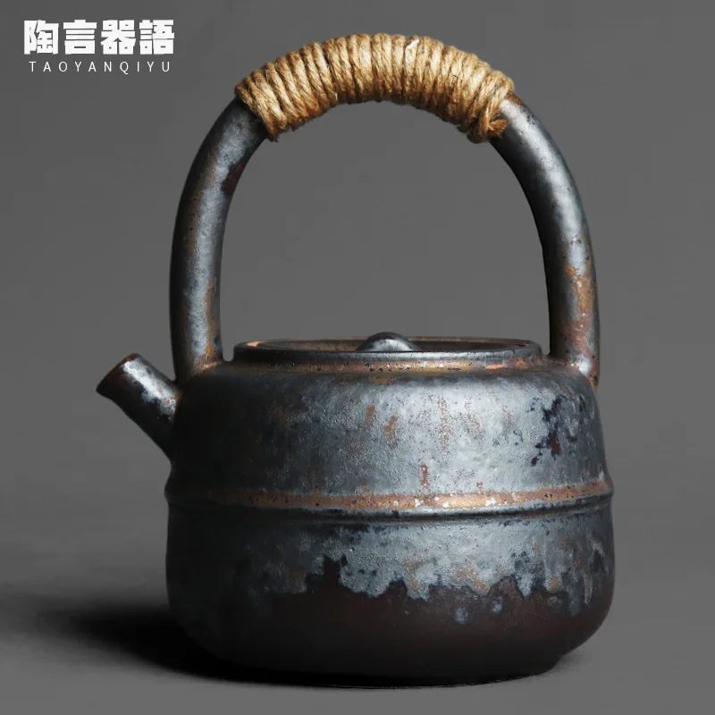 

Kiln-baked black gold ring handle boiling water teapot handmade retro pottery Pu'er white tea charcoal fire water coffee milk si