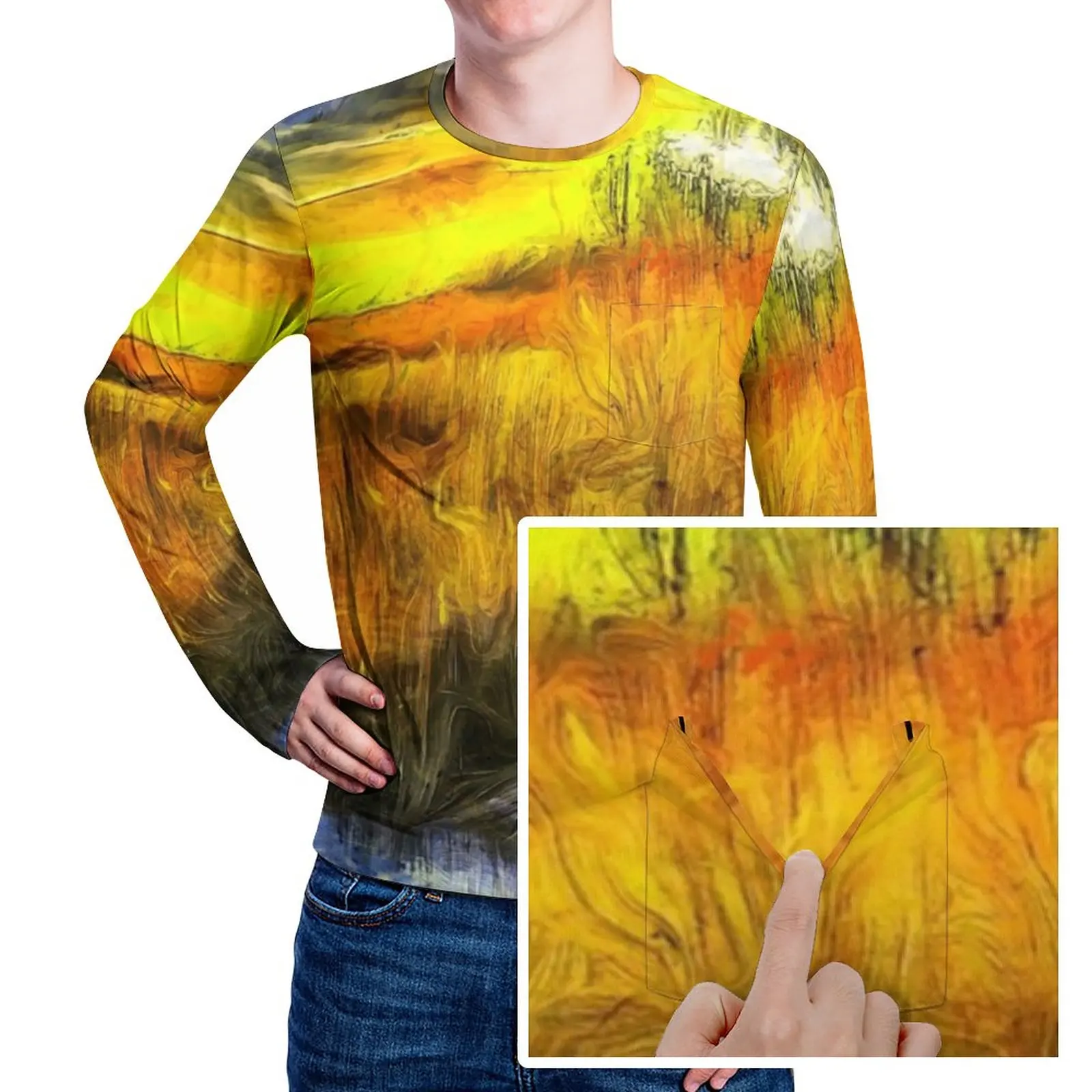 

Van Gogh T-Shirt The Sunset River Man Retro T Shirts With Pocket Spring Graphic Tees Long Sleeve Basic Oversize Birthday Present