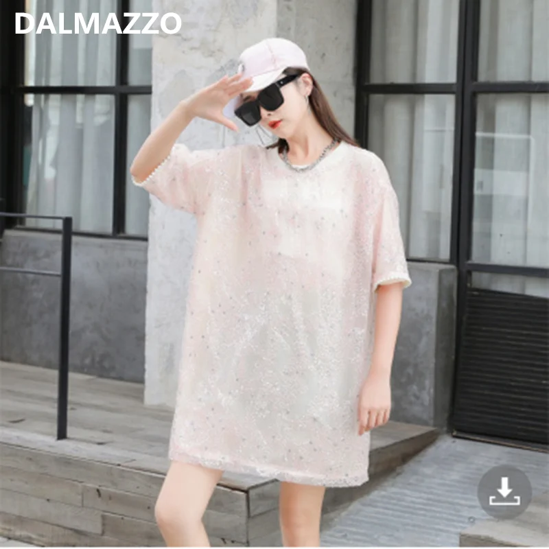 

DALAMZZO Casual Streetwear Pearls Short Sleeve Summer T Shirt Top Women Fashion Sequins Loose Straight Long Tops Female