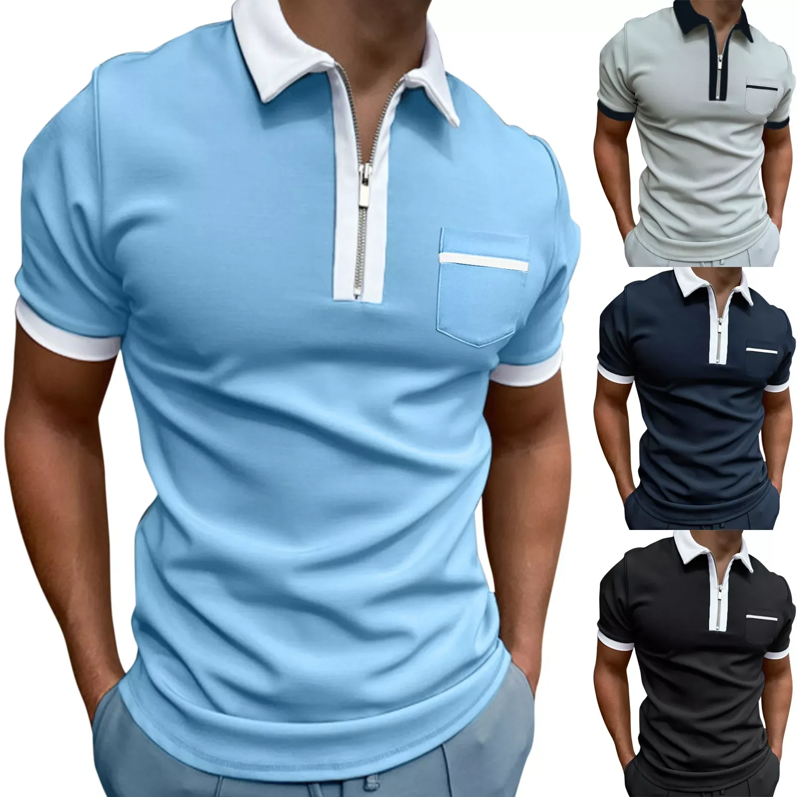 Male Summer Solid Print Polo Shirts Zipper Turn Down Collar Short Sleeve Tops Casual Summer Shirt Man Clothing High Quality
Male Summer Solid Print Polo Shirts Zipper Turn Down Collar Short Sleeve Tops Casual Summer Shirt Man Clothing High Quality