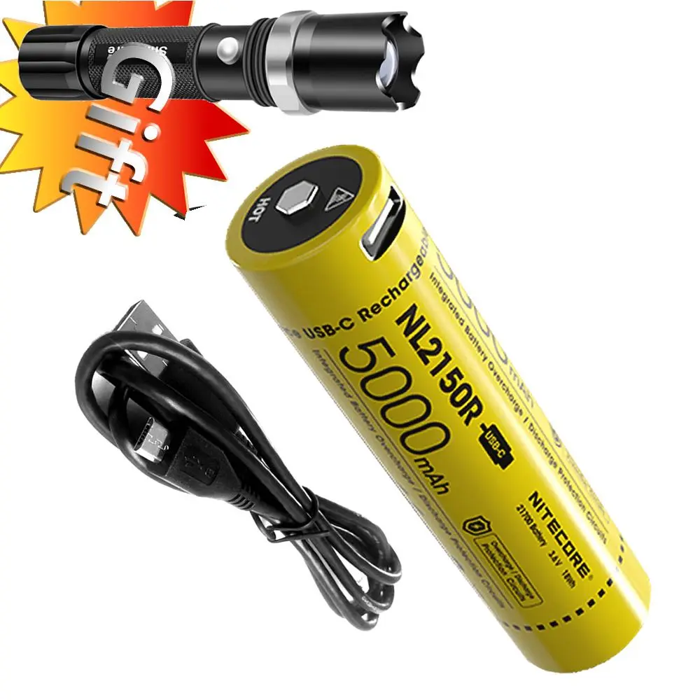 

NITECORE NL2150R 21700 5000mAh 3.6V Built-In USB Charging Port Protected Li-ion Button Top Rechargeable Battery+ Free Flashlight