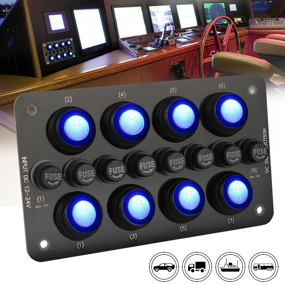 12~24V Circuit Breaker On/off Blue LED Light Button Rocker Toggle Switch Panel 8Gang Replaceable Fuse Holder Waterproof
12~24V Circuit Breaker On/off Blue LED Light Button Rocker Toggle Switch Panel 8Gang Replaceable Fuse Holder Waterproof