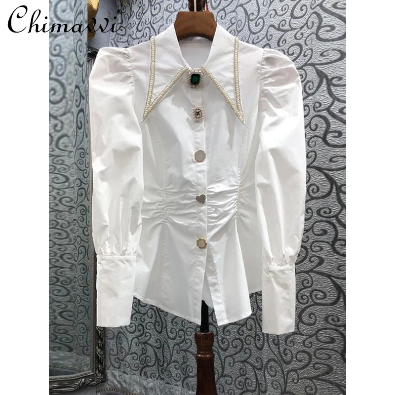 French Chic Design Heavy Beads Diamond-Embedded Shirt for Women 2022 Spring Solid Color Pleated Puff Sleeve Blouse All-Matching
French Chic Design Heavy Beads Diamond-Embedded Shirt for Women 2022 Spring Solid Color Pleated Puff Sleeve Blouse All-Matching