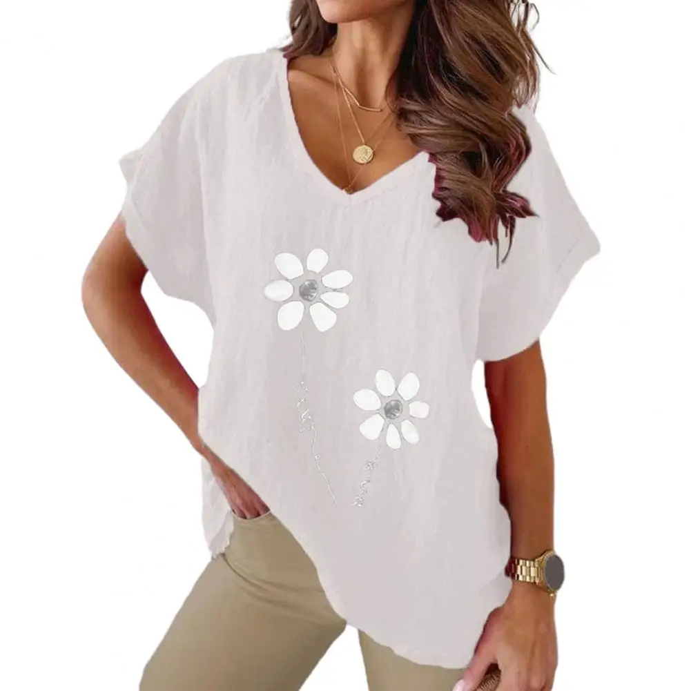 Women Summer T-shirt Floral V Neck Summer Tee Soft Breathable Casual Mid-length Women's Top Women Summer Top 
Women Summer T-shirt Floral V Neck Summer Tee Soft Breathable Casual Mid-length Women's Top Women Summer Top