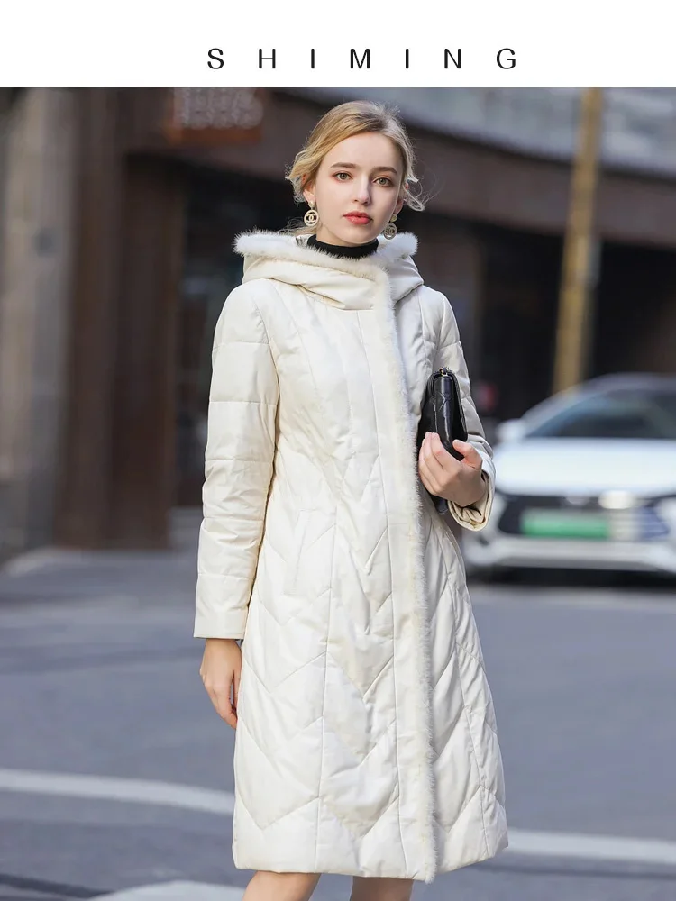 

Fashion Classic Genuine Leather Down Coat Women's Mid length 2023 Sheepskin Mink Fur Bonded Hooded Slim Fit Fur Coat