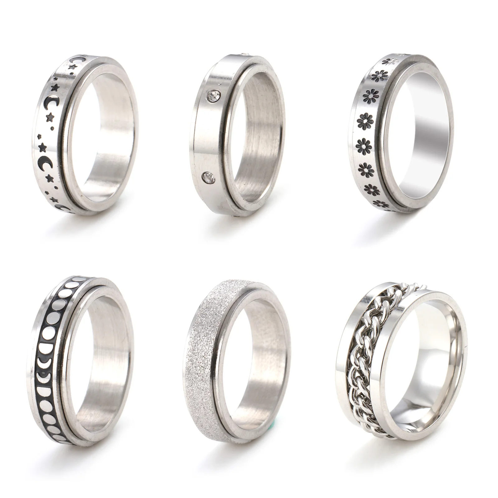 6PCs/Set Vintage Stainless Steel Men Unadjustable Stress Relieving Anxiety Ring Moon Star Fidget Finish Rotatable Rings Jewelry
6PCs/Set Vintage Stainless Steel Men Unadjustable Stress Relieving Anxiety Ring Moon Star Fidget Finish Rotatable Rings Jewelry