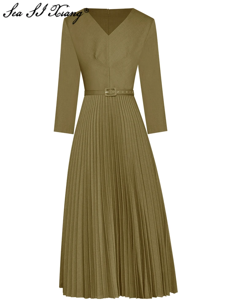 Seasixiang Fashion Designer Autumn Dress Women V-Neck Long Sleeves Belt Solid Pleated Office Lady Midi Dresses
Seasixiang Fashion Designer Autumn Dress Women V-Neck Long Sleeves Belt Solid Pleated Office Lady Midi Dresses