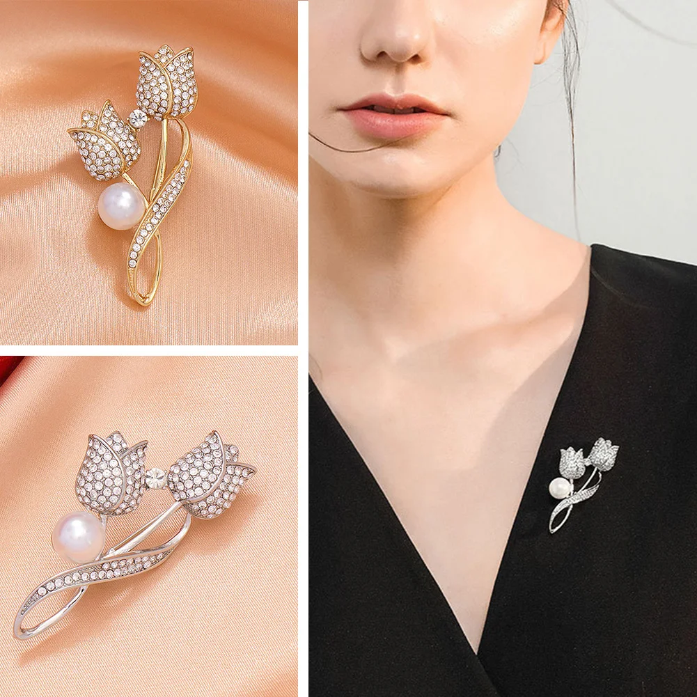 

New Tulip Flower Brooch Shirt Brooch Rhinestone Brooch Collar Pin Jewelry Cuff Collar Needle Anti-glare Suit Brooch Removable