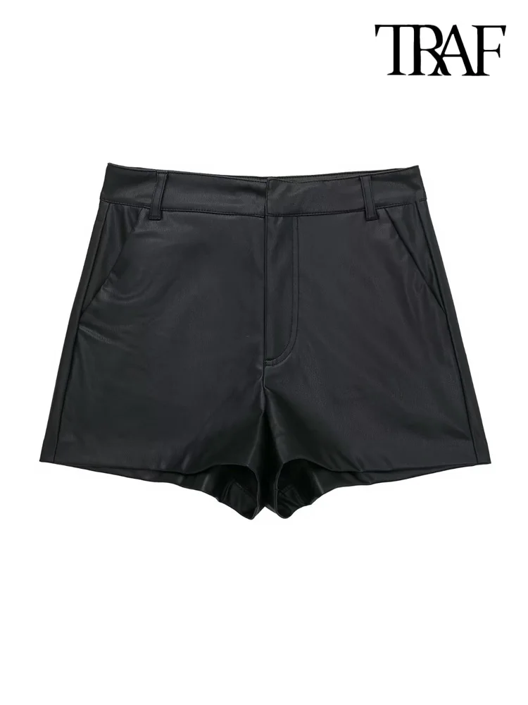 TRAF Women Fashion Side Pockets Faux Leather Shorts Vintage High Waist Zipper Fly Female Short Pants Mujer
TRAF Women Fashion Side Pockets Faux Leather Shorts Vintage High Waist Zipper Fly Female Short Pants Mujer