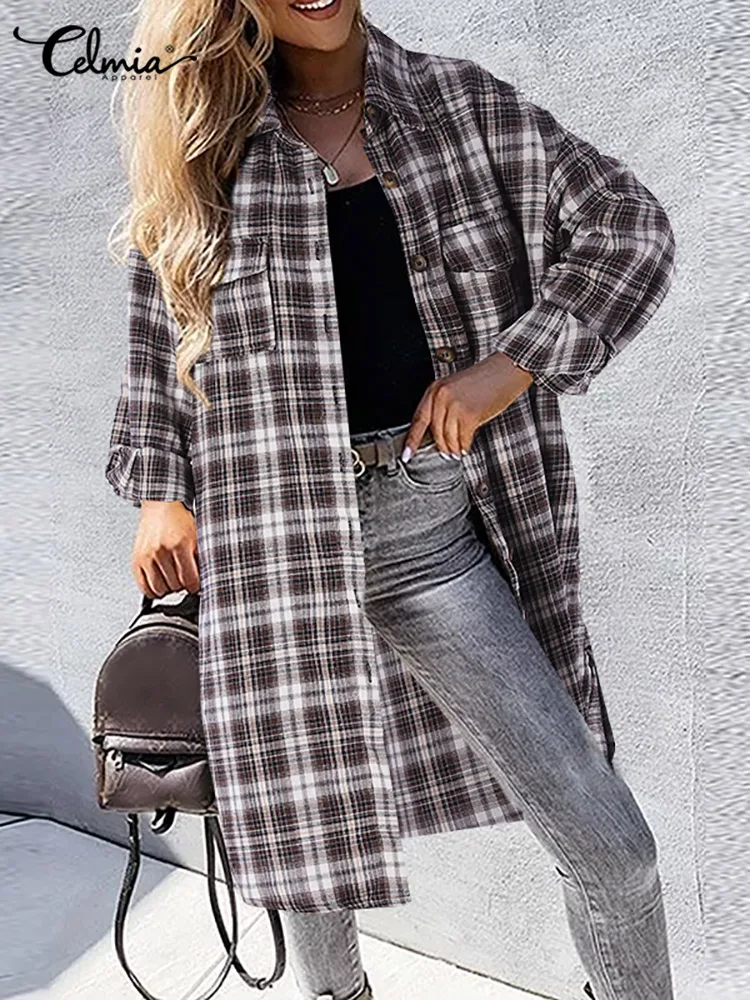 Fashion Lapel Blouses Summer Women Plaid Long Sleeve Pockets Long Shirts Celmia 2022 Casual Loose Split Checked Streetwear Tops
Fashion Lapel Blouses Summer Women Plaid Long Sleeve Pockets Long Shirts Celmia 2022 Casual Loose Split Checked Streetwear Tops
