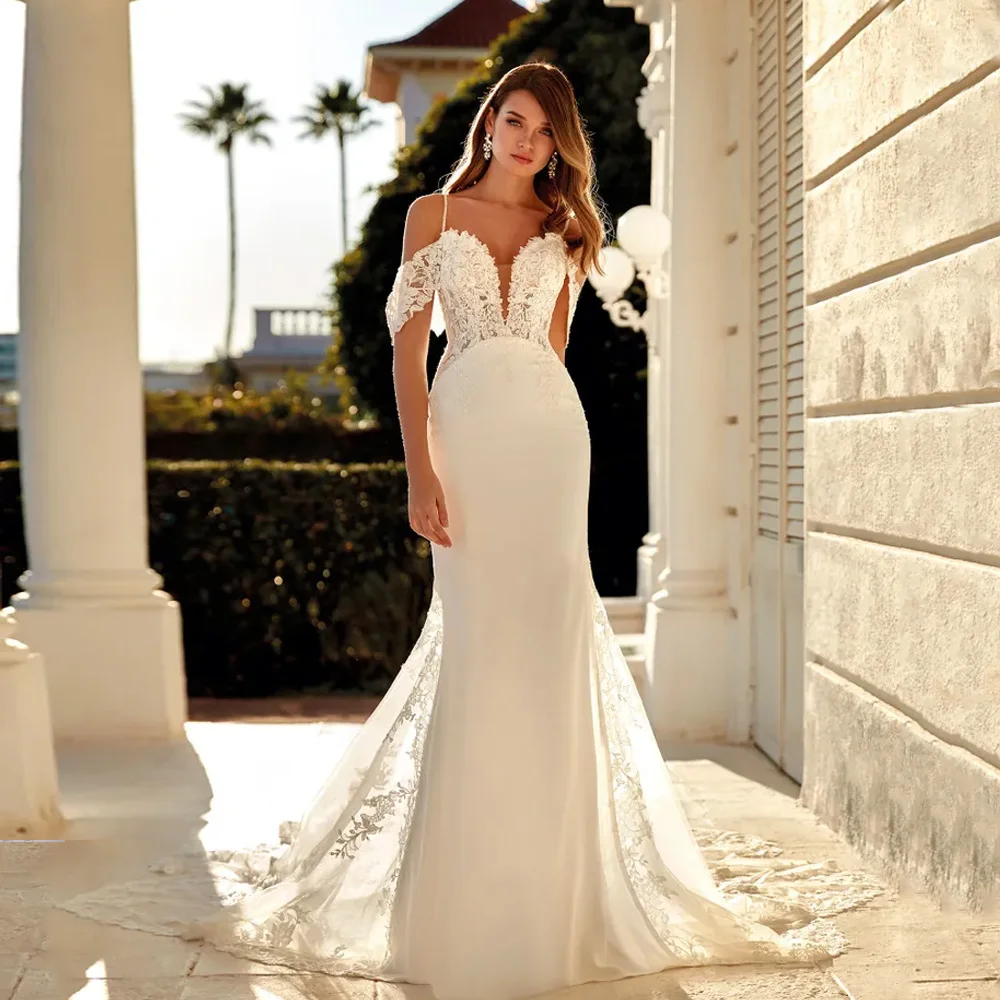 Sexy Mermaid Bridal Gowns Sweetheart Neck Wedding Dresses Spaghetti Straps Appliques Sweep Train Tulle Vestidos De Novia 2023 
Sexy Mermaid Bridal Gowns Sweetheart Neck Wedding Dresses Spaghetti Straps Appliques Sweep Train Tulle Vestidos De Novia 2023
