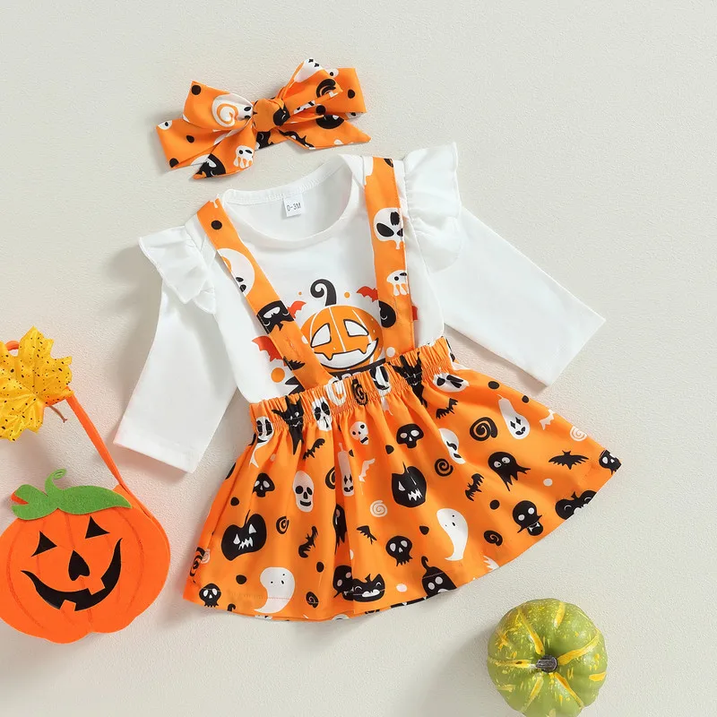 

Halloween Baby Girl Skirt Sets Autumn Clothes Long Sleeve Pumpkin Bodysuit and Ghost Skull Skirt Headband Baby Items Clothing