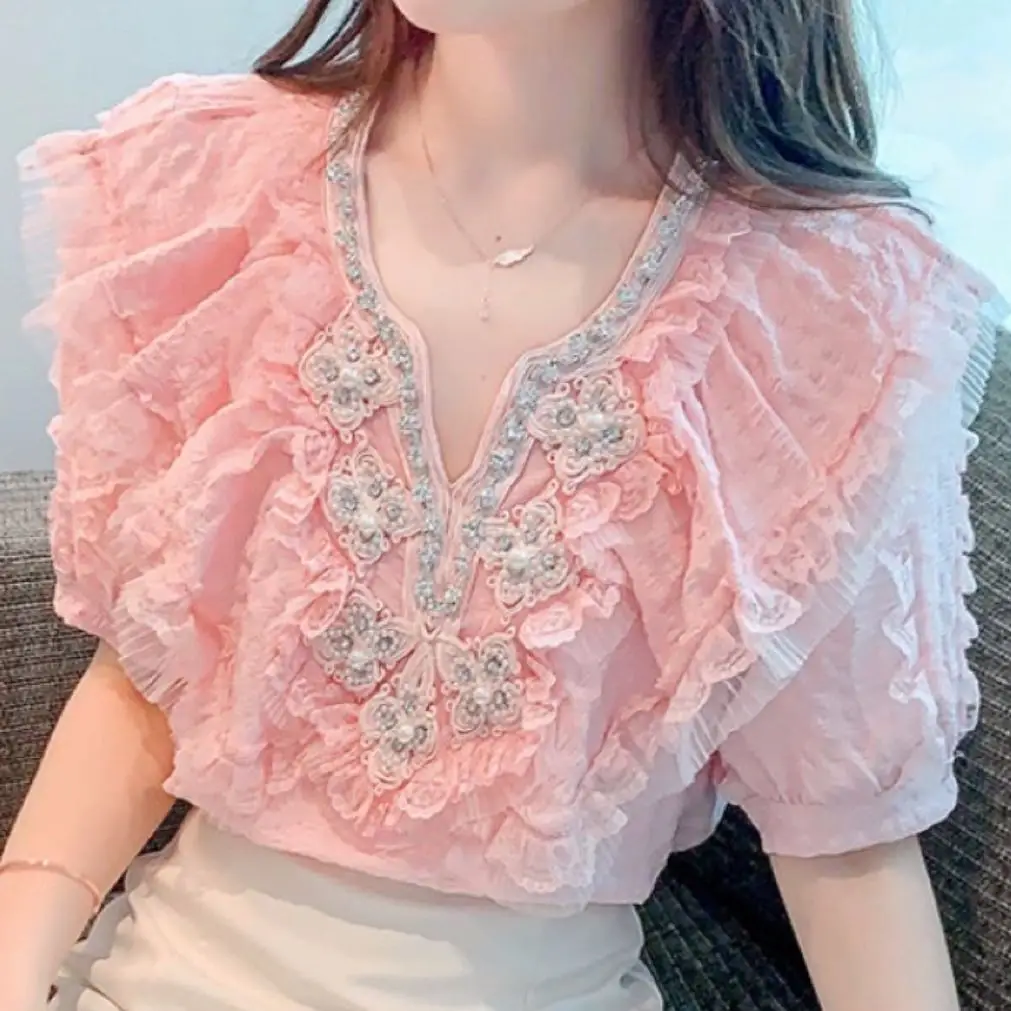 Diamonds Ruffled Pink Chiffon Shirts Blouse for Women's 2023 Summer New Fashion Age Reducing Top
Diamonds Ruffled Pink Chiffon Shirts Blouse for Women's 2023 Summer New Fashion Age Reducing Top