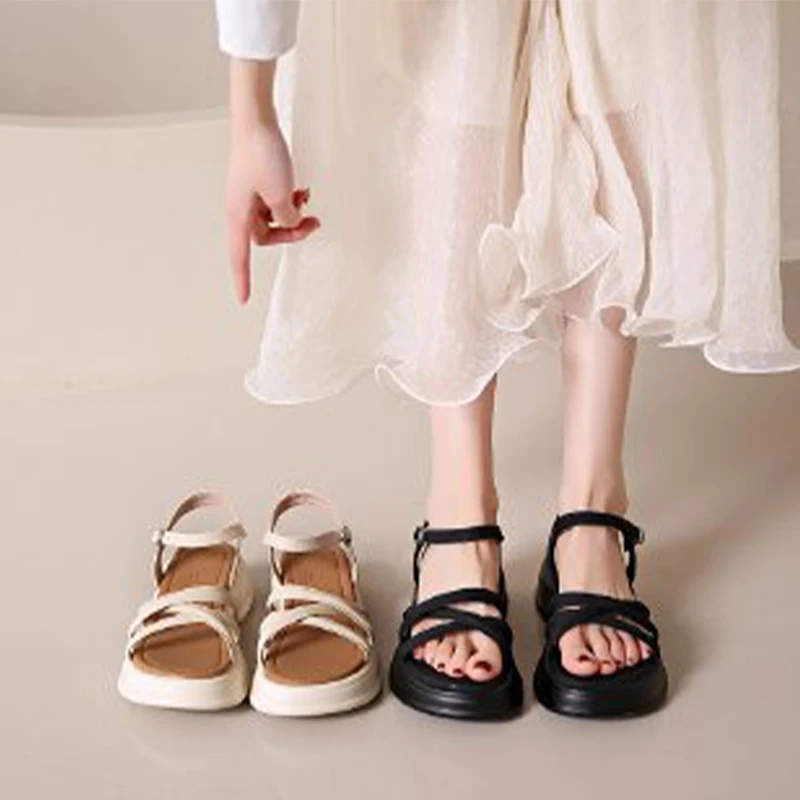 

F-3 Sandals female fairy style 2023 new summer all-match thick-heeled student fashion net red one-word thick-soled Roman shoes