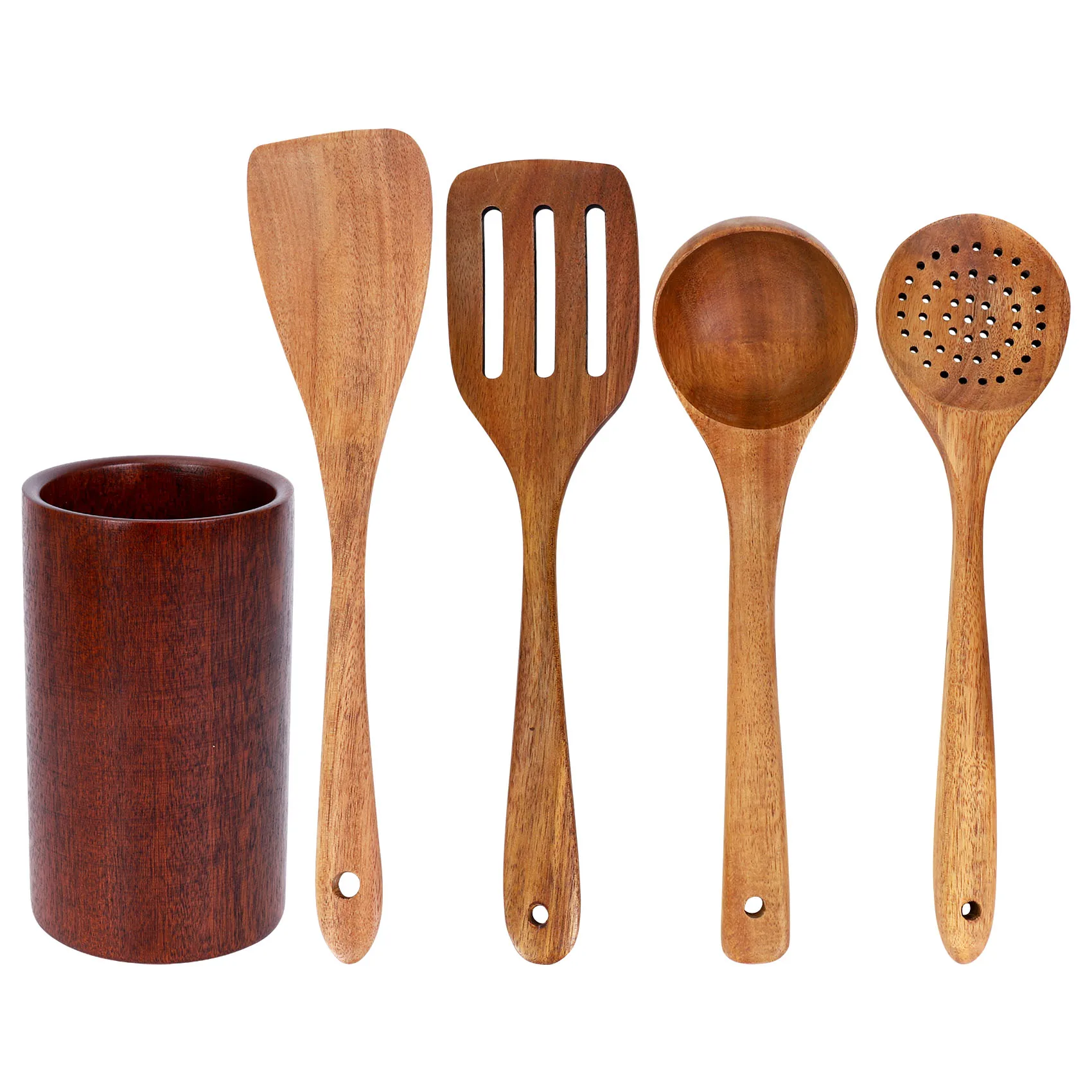 

Деревянная посуда, набор кухонной посуды из тикового дерева с подставкой, подходит для антипригарной посуды, деревянная лопатка, ложка, 5 шт.