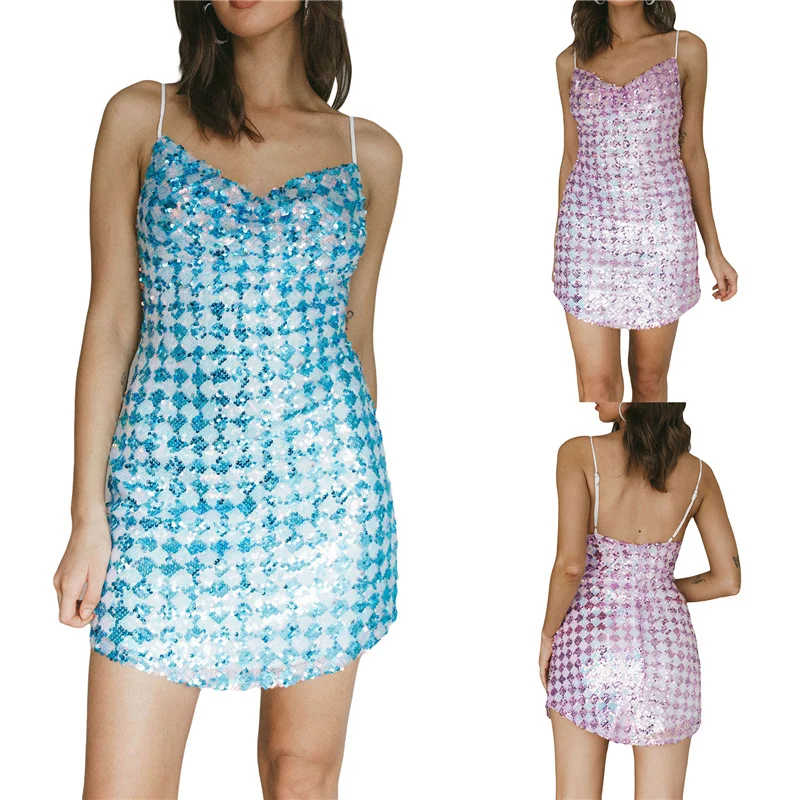 Женское вечернее платье с блестками, блестящее мини-платье без рукавов на бретельках с воротником хомутом 
Женское вечернее платье с блестками, блестящее мини-платье без рукавов на бретельках с воротником хомутом