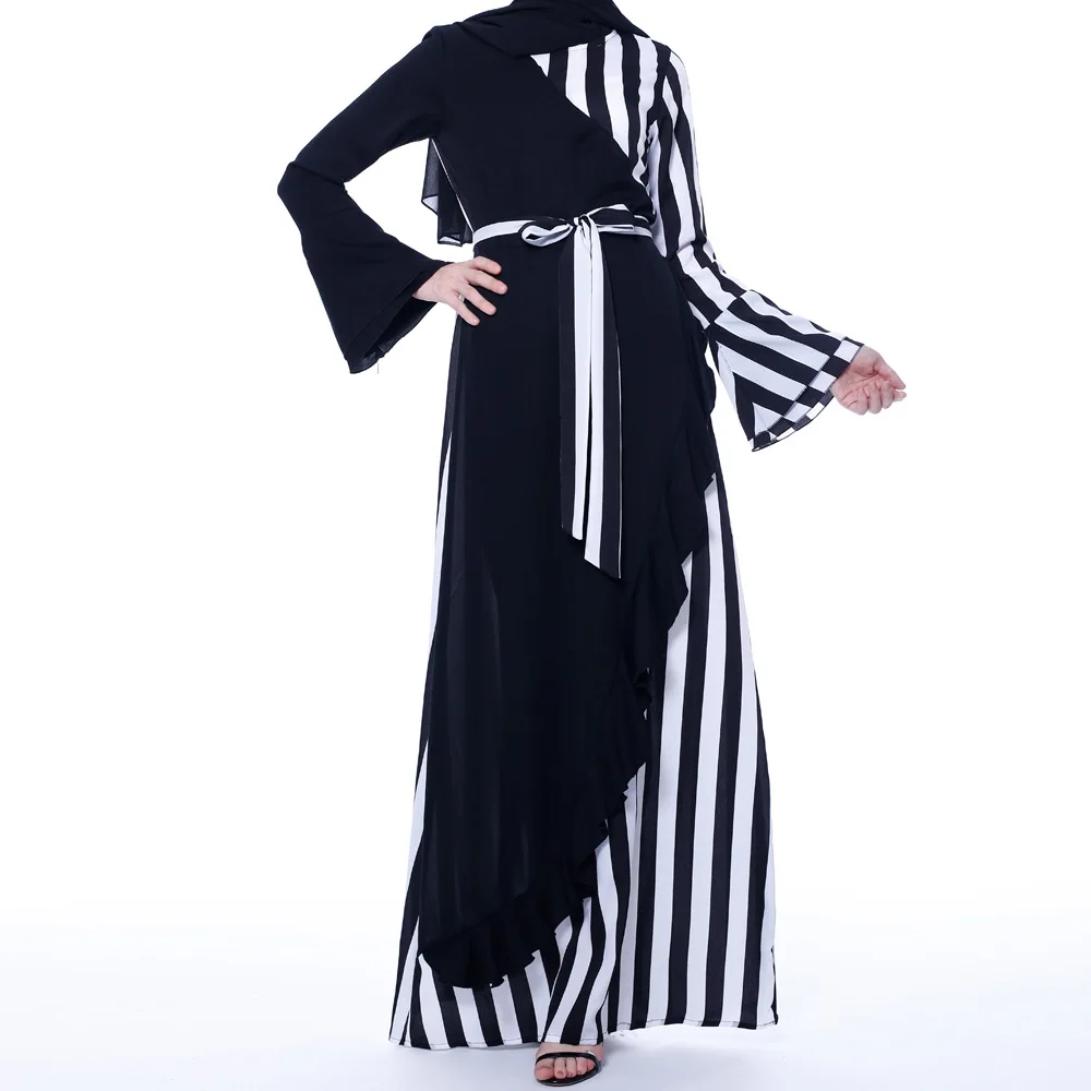 

Ramadan Eid Muslim Fashion Striped Colorblock Flared Sleeve Long Dress Ladies Lace Up Abaya Vestido Kaftan Dress Arabic Robe