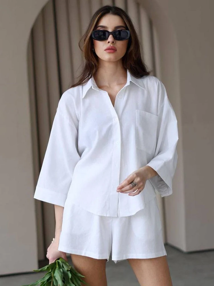 Restve Loose Women's Pajamas Set White Three Quarter Sleeve Sleepwear Cotton Female Casual Suits With Shorts Solid Summer 2022
Restve Loose Women's Pajamas Set White Three Quarter Sleeve Sleepwear Cotton Female Casual Suits With Shorts Solid Summer 2022
