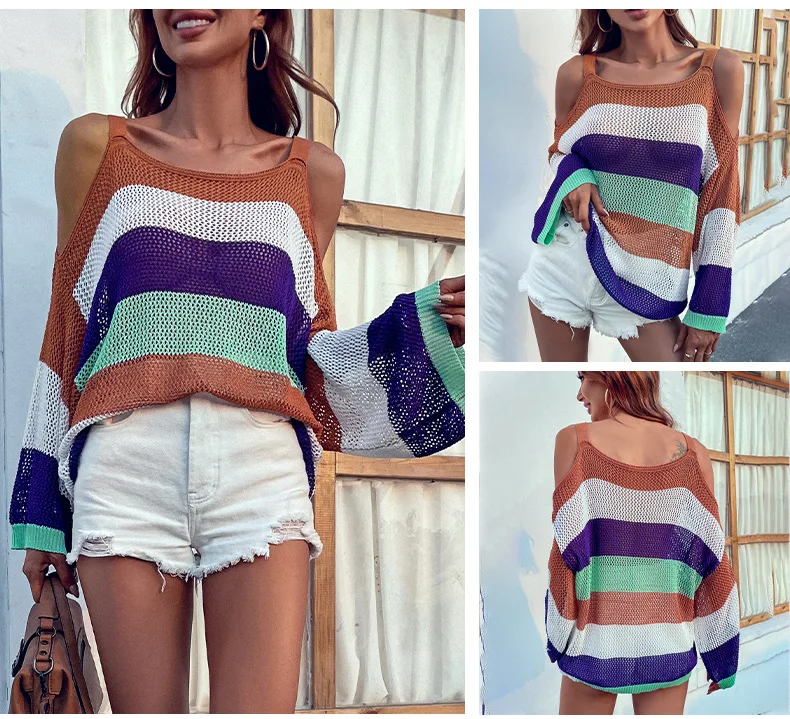 Sling rainbow Off Shoulder Striped Sweater Ladies Punk Unisex Sweater Autumn Hollow Hollow Loose Pullover Harajuku Street
Sling rainbow Off Shoulder Striped Sweater Ladies Punk Unisex Sweater Autumn Hollow Hollow Loose Pullover Harajuku Street